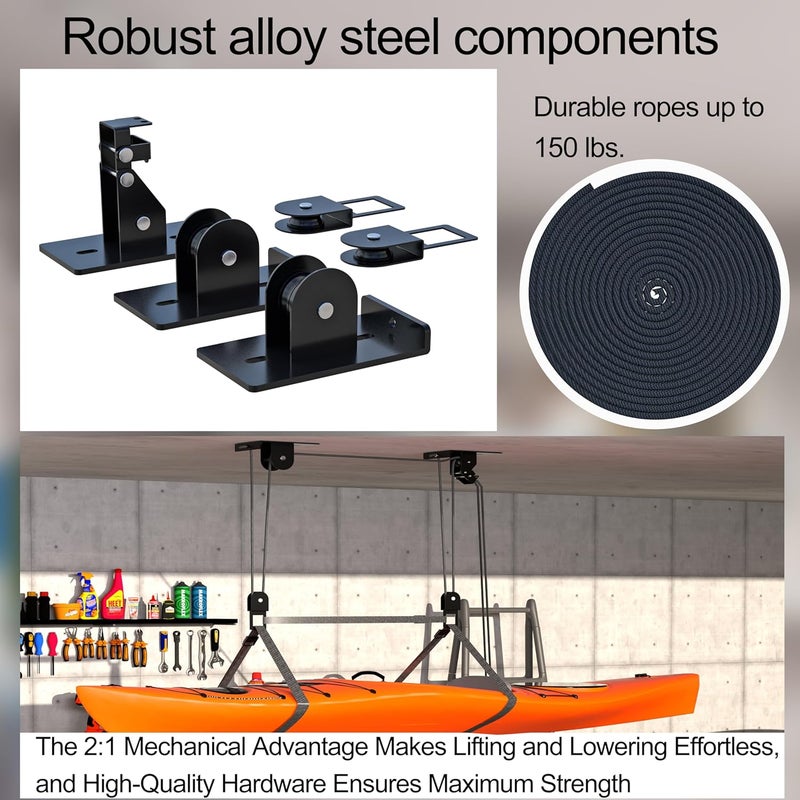 TRUSOON Ceiling Kayak Hoist, Heavy Duty Kayak Pulley System for Garage, Hold Up to 150 lbs Capacity, Canoe Garage Lift Storage System, Fit 10-14 Foot Ceilings, Black - Image 4